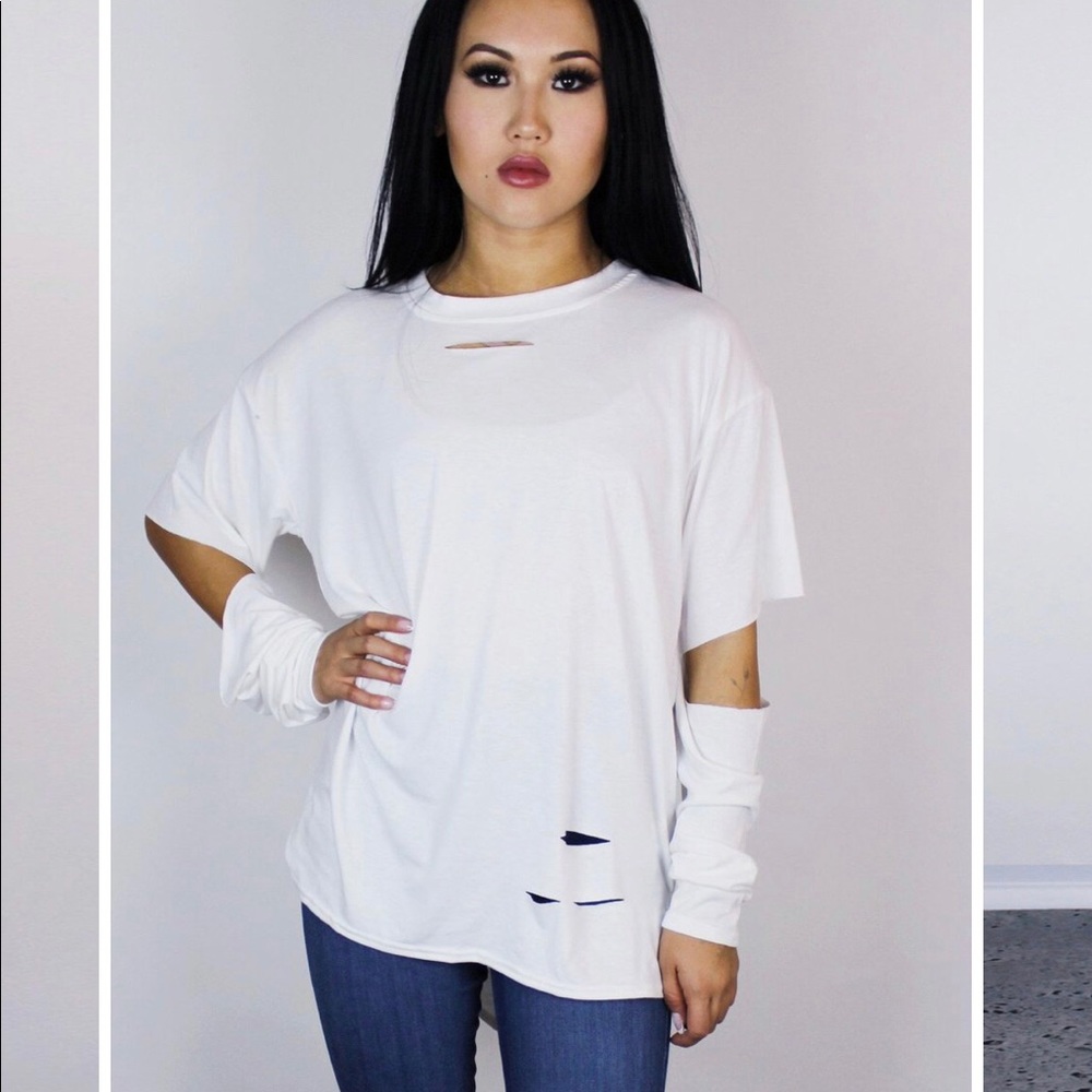 L/S white ripped tee